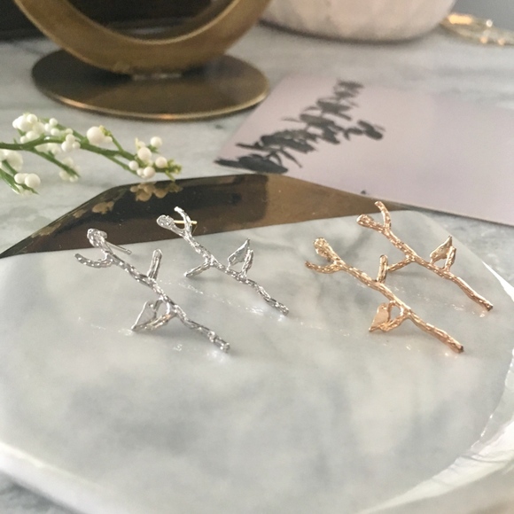 Bird on Branch Gold or Silver Minimalist Earrings - Picture 2 of 8